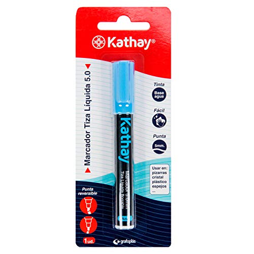 Kathay 86212630. Marcador Tiza Líquida, Borrable, Azul, Punta 5mm, Tinta Base Agua, Punta Reversible, Perfecto para Pizarras, Cristal, Plásticos o Espejos