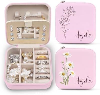 Personalized Jewelry Travel Case(with mirror) with Your Name and Birth Flower,Personalized Gifts for Women - Festival gifts, Bridesmaids Gifts, Small Travel Jewelry Box Organizer (cherry pink)