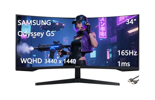 Image of Samsung 34 inch Odyssey G5 Series Gaming Monitor, WQHD Curved, 1000R UltraWide, 165Hz, 1ms, FreeSync Premium, Black, with GSF HDMI Cable