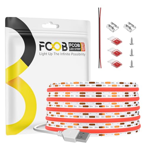 FCOB 6.56FT/2M 5V USB LED Light Strip Red Flexible High Density COB Strips 640LEDs, 8mm LED Tape for Under Cabinet Bedroom No Controller and Power