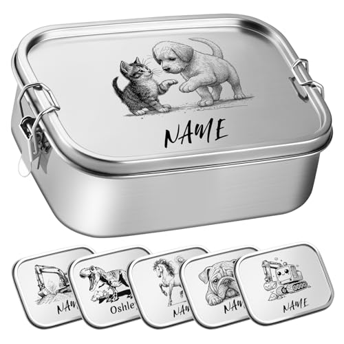 OXYEFEI Fiambrera para niños con compartimentos, fiambrera de acero inoxidable personalizada, para niños con nombres, regalo para la escolarización para niños y niñas (gato y perro, 1000 ml)