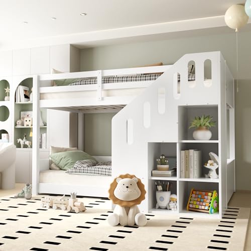 Dolamaní Hochbett Etagenbett 2 Kinder 90x200 cm mit Treppe, Kinderbett Mit & Schließfächern & Rausfallschutz, Kinderzimmer kinderhochbett, Stockbett für Mädchen Junge, Weiß