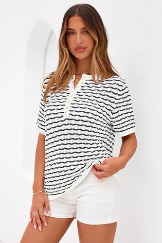 Image of PRETTYGARDEN Womens Knit Summer Tops Button Short Sleeve Sweater Casual Crewneck Chevron Henley Shirts Dressy Work Blouses
