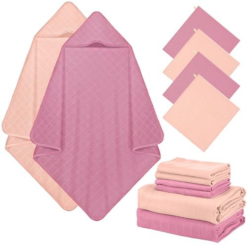 Image of Preboun 6 Pcs Muslin Hooded Baby Towels and Washcloths 32"x 32" Cotton Newborn Bath Towel Anti-Shrink Infant Baby Blankets with Hood 12"x 12" Washcloths for Girl Boy Toddler(Pink,Dark Purple)