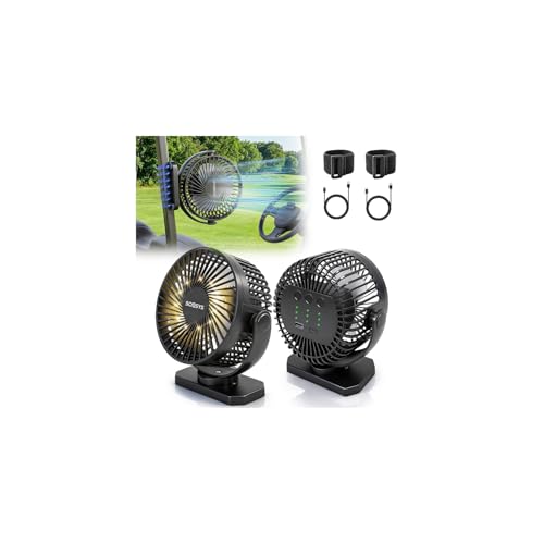 2-Pack Magnetic Golf Cart Fan 12000mAH Battery Operated Fan with 3-Speed Strong Airflow, Timer, LED Light, Fixed Strap and Hook, USB Rechargeable Portable Fan for Golf Cart/Camping/Office/Cruise Ship