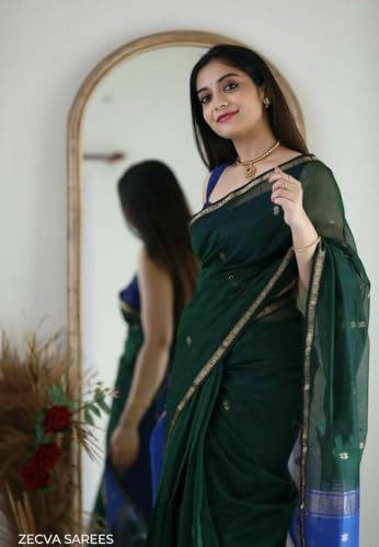Image of ZECVA Women's Pure Soft Spun Cotton Lichi Silk Saree For Women With Attach Unstitch Blouse Piece