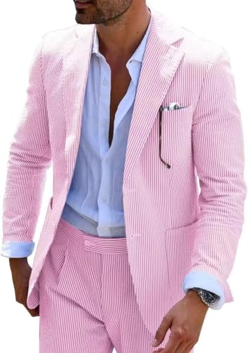 Wehilion Mens Seersucker Suit Slim Fit Casual Beach Wedding Prom Party Suit 2 Pieces Suits for Men Dinner Blazer Jacket Pants Bright Pink M