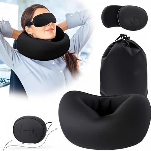 Grillix Nero Neck Pillow Travel Inflatable, Almohada de Viaje Ergonómica, Kit de Memory Foam, con Velcro y Bolsa de Almacenamiento, Compacto y Ligero, Quick Pack para Camping, Sueño