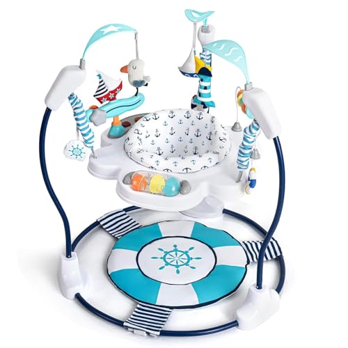 LADIDA Stationary Jumperoo Baby Bouncer Chair Acrobat - 360 Rotating Seat Musical Toys and Adjustable Heights (Nautical Activity Blue)