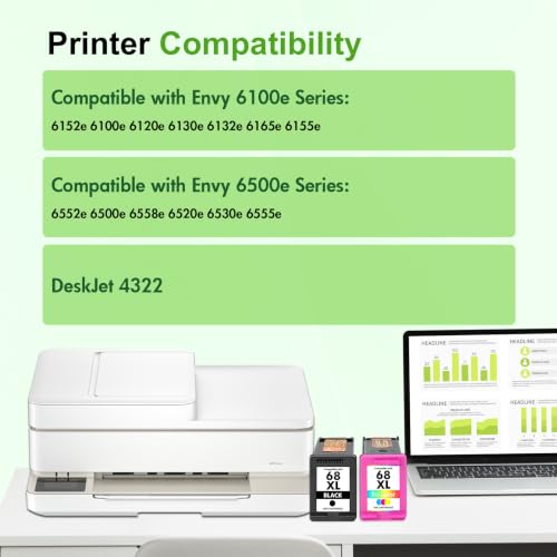 Image of 68 68XL Ink Cartridges Black /Color Combo Pack for HP68 6155e 6555e Printers Envy 6100e 6500e Series 68e 68 XL Compatible for HP 6155e 6555e 6152e 6552e 6558e 6165e (2 Pack Black Tri-Color)