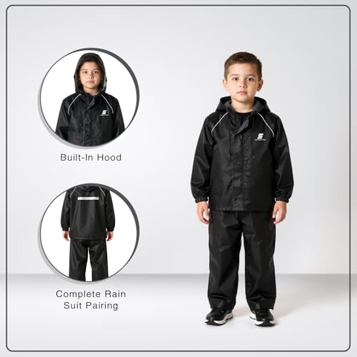 Image of Amazon Brand - Symactive Reversible Double Layered Standard Length Hooded Raincoat with Pants for Kids (Unisex) | Waterproof | Elastic Cuffs | Age 11-13 Years | Black