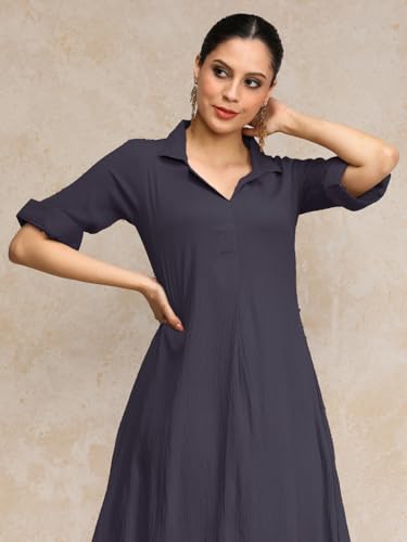 Image of Varanga Women Beige A -line Calf Length Dress Featuring Classic Shirt Collar and Short Sleeves which offering Comfort and Ease