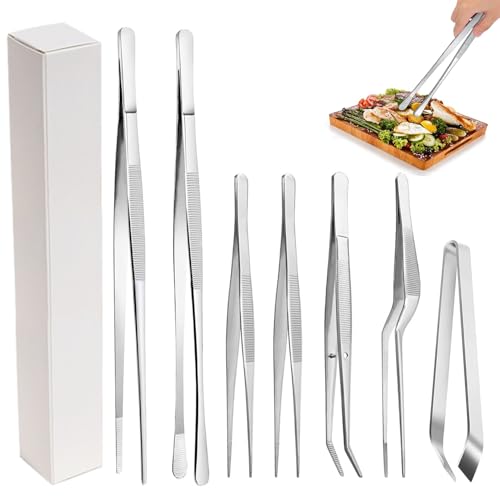 7 Piezas Pinzas de Precision Cocina, Pinzas para Cocinar de Acero Inoxidable con Puntas Redondas y Curvadas, Herramientas de Cocina para Decoración de Platos Peinar Procesamiento...
