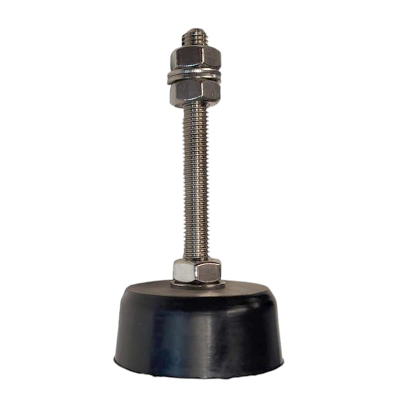 Patas Nivelación Industriales, 115 mm alto, regulación de 35 a 105 mm. Peso soportado: 150 kg por pata. Diámetro goma 60 mm. Rosca M10, Antivibración y antideslizante, Acero Inoxidable A4, Pack de 4