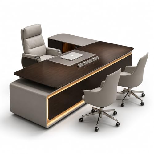 Image of Luxury Executive Office Desk with Side Storage Cabinet, Premium CEO Manager Table in Dark Walnut Finish for Modern Office Cabin & Workspace Furniture (LDL-792 MDFL L8W3)