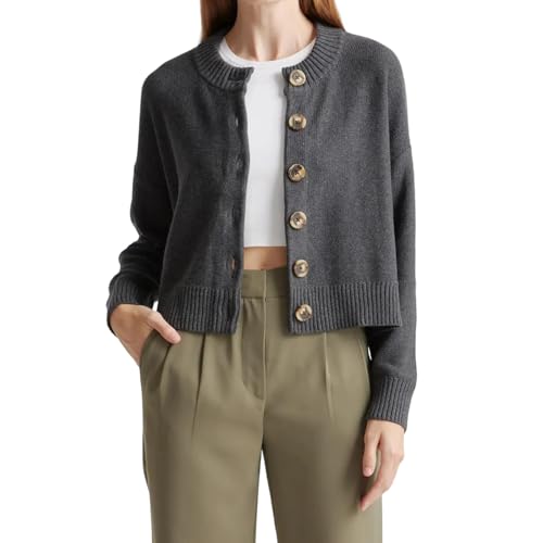 Women's Button Down Cardigan Long Sleeve Crew Neck Sweater Ribbed Hem Casual Knit Coat Spring Fall Outwear