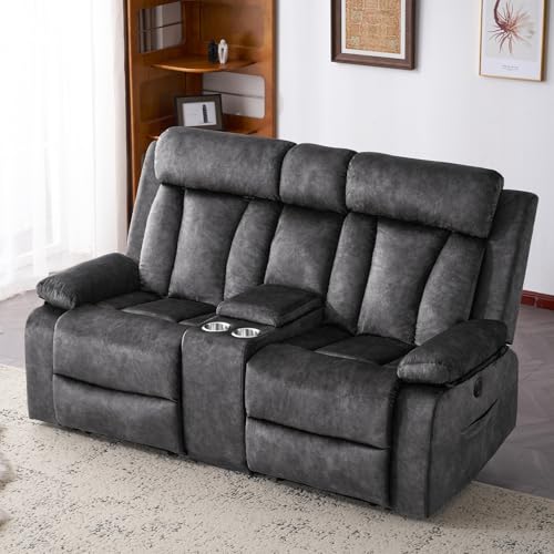 RIHEREFY Power Reclining Loveseat with Console, Electric Double Recliner with USB/Type C/Side Pocket/Cup Holders, RV Recliners Wall Hugger Reclining Loveseat for Living Room & RV & Home Theater