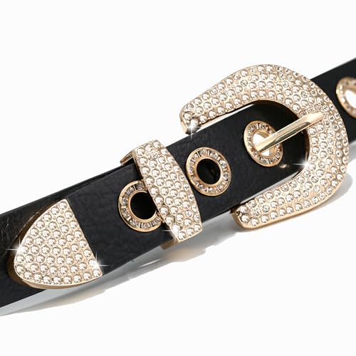 Women Rhinestone Grommet Belt, Bling Y2k Western Cowgirl Punk Faux Leather Belts for Jeans Dress Pants2