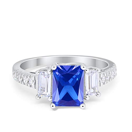 Blue Apple Co. Emerald Cut Three Stone Wedding Engagement Ring Round Cubic Zirconia 925 Sterling Silver