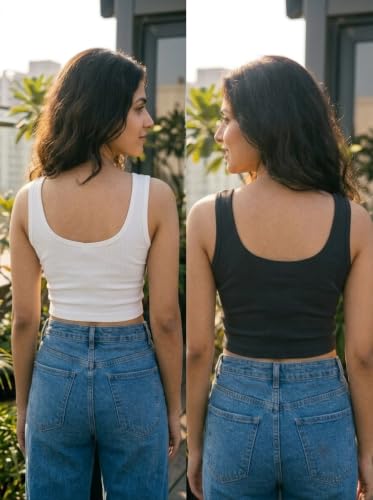 Image of Women's Ribbed Tank Top Pack of 2 Sleeveless Notch V-Neck Fitted Stretchable Crop Top Combo for Casual Wear, Gym, Layering, Summer Fashion (White & Black).