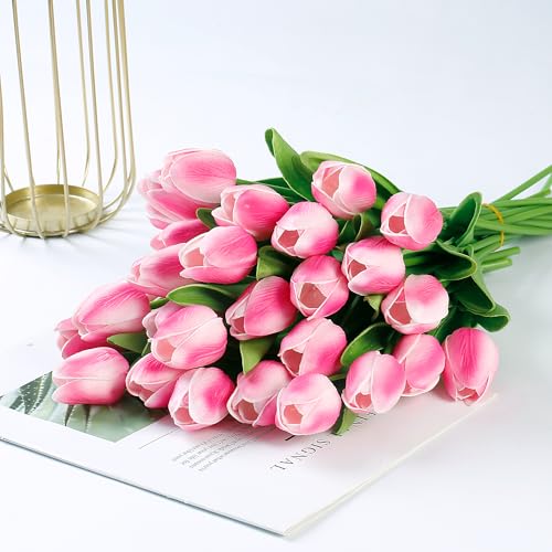 Image of Sggvecsy 30 Pcs Fake Tulips Artificial Flowers Real Touch PU Faux Flowers Tulip Stems for Wedding Spring Bouquet Floral Arrangement Home Party Office Decorations for Mother's Day (Rose Pink)