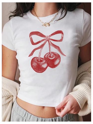 SweatyRocks Girl's Y2k Bow Cherry Graphic Tees Short Sleeve Crewneck Cute Shirts for Teens Summer Tops3