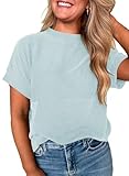 EVALESS Short Sleeve Shirts for Women Trendy Teacher Outfits Ribbed Knit Striped Womens Tops Casual Spring Summer Tops Cute Crewneck Loose Fit Patchwork T Shirts Beau Blue Medium