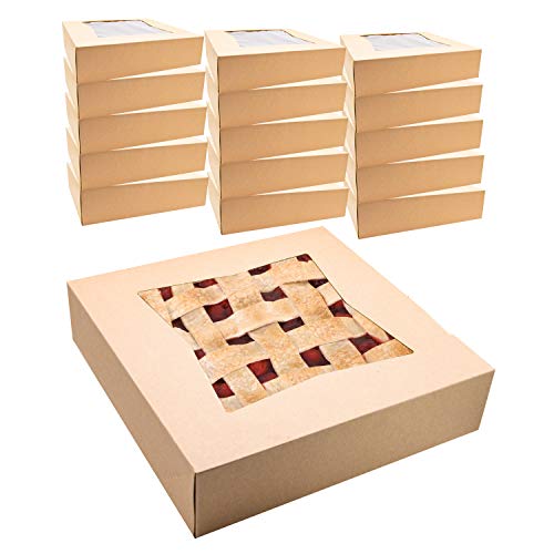 Upper Midland Products Kraft Pie Boxes With Window, 10” x 10” x 2 ½” Width, Disposable, 15 Bakery Box Container Set, Cake Pastries Doughnuts Cookies Pies Cheesecakes