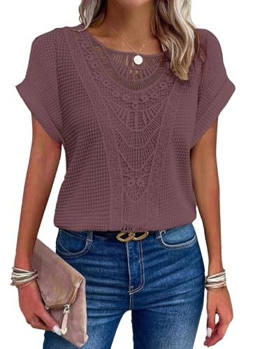 Womens Summer Tops Short Sleeve Lace Shirts Boho Crew Neck Crochet Knit Blouse Casual Fashion Essential