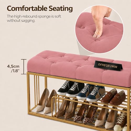 Image of Entryway Shoe Rack with Cushioned Seat, Shoe Bench for Entry, 2 Shelves Storage Bed Bench Pink