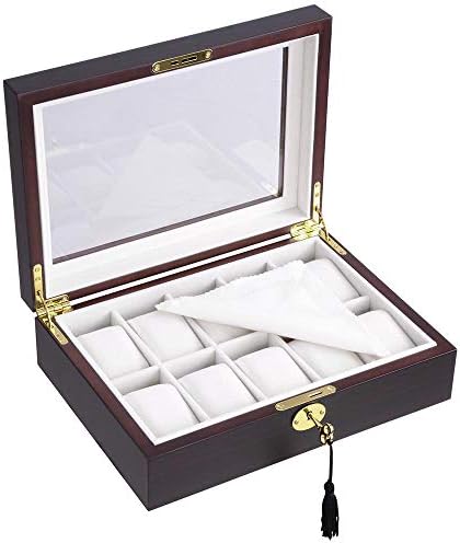 Yescom 10 Slot Wooden Watch Display Case Watch Box Holder Glass Top Jewelry Collection Storage Organizer Ebony Wood