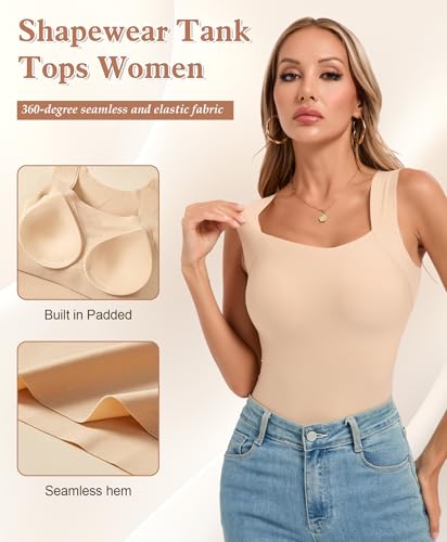Womens U Neck Shapewear Built-in Bra Tank Top High Strechy Slim Fit Compression Camisole Workout Tops2