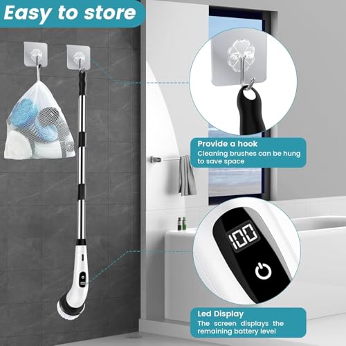 Image of 9 in 1 Electric Spin Scrubber, Rechargeable Cordless Cleaning Brush with 9 Replaceable Brush Heads & Adjustable Handle, Power Scrubber for Bathroom, Kitchen, Floor, Tile & Car Cleaning