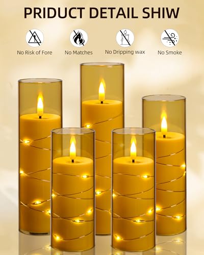 Image of Da by Flameless Candle Light, Battery Candle with recessed String Lights, 5 flameless Candles with 11-Key Remote Control, 24-Hour Timer Function, Champagne Color (Pack of 2)