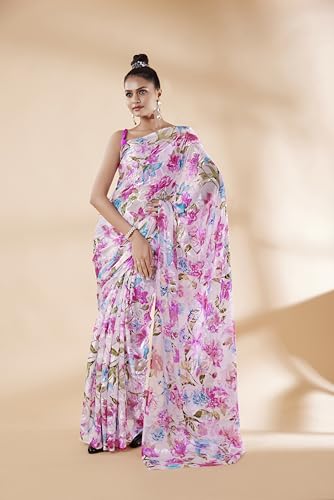 Image of Garden Vareli Summer Roganza Viscose Brasso Floral Print Saree with Unstitched Blouse Piece
