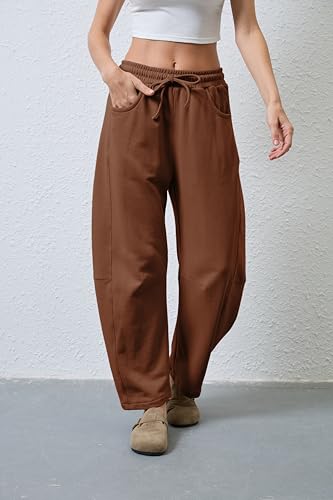 Hongsui Women's Barrel Leg Pants Elasticated Waistband Soft Wide Leg Pants with Pockets Casual Sweatpants2