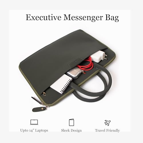Image of Bellblock Sleek Messenger Laptop Bags For Men /Women Office Use | Travel Friendly With Luggage Strap | Office Bag For Man /Woman | Cotton Canvas | Olive Green (Upto 14 Inch)