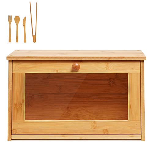 Bamboo Bread Box Bin with Clear Front Window, Natural Color Light Bread Holder Food Bread Storage for Kitchen Countertop
