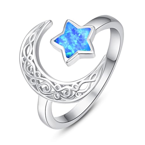 Bague nœud celtique argent femme lune étoile opale bleue