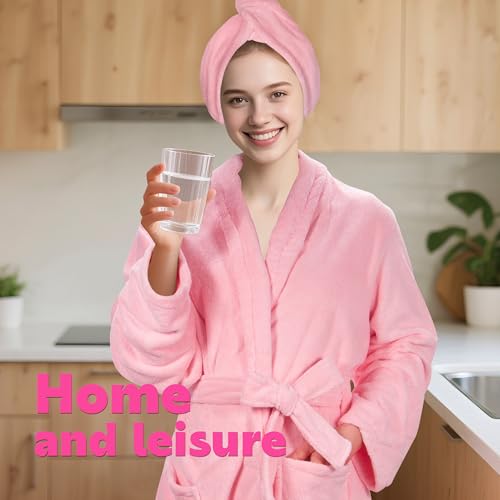 UNIMEIX Microfiber Womens Robes with Hair Drying Towel, Soft Coral Fleece Bathrobe for Women Cozy Premium Warm Long Spa Robe4