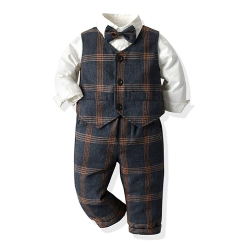 Trajes para niños pequeños conjuntos caballero de vestir con chaleco cuadros pantalón y camisa manga larga