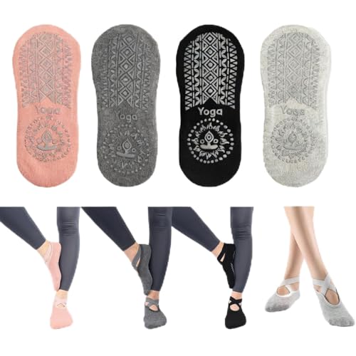 ZY-otu Lot de 4 paires de chaussettes antidérapantes de pilates et de yoga pour femme et fille - Taille 39-42 - Pour yoga, pilates, barre, danse, fitness - Stabilité et confort