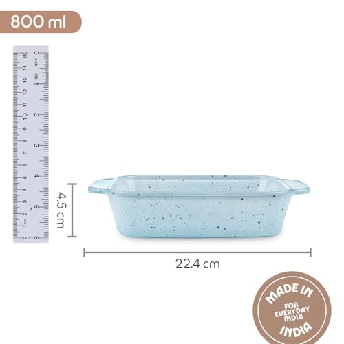 Image of Borosil 800 ml Baking & Serving Dish with Handle | Borosilicate Glass Square Shape Bakeware and Serveware Casserole Dish Tray | Microwave, Oven & Dishwasher Safe Bowl (Blue)