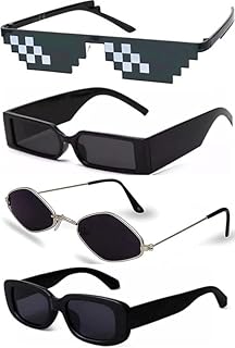 Sheomy Unisex Combo offer pack of 4 shades glasses Black Candy MC stan Rectangle Retro Vintage Narrow Sunglasses Women::Me...