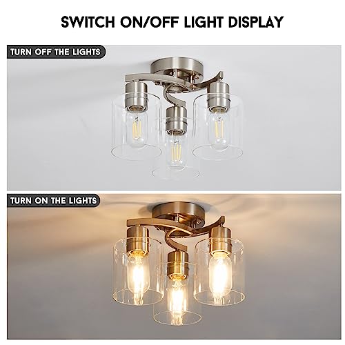 Image of 3-Light Ceiling Light, Semi Flush Mount Ceiling Light Fixture, Kitchen Lighting Fixtures Ceiling, Brushed Nickel Finish with Clear Glass Shade for Foyer Hallway Entryway