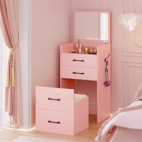 Gurexl 3 in 1 Vanity Desk with Flip Top Mirror for Bedroom,Small Compact Vanity with Visible Glass Desktop for Cloakroom,Makeup Vanity Set with 3 Drawers,Cushioned Stool,Pink