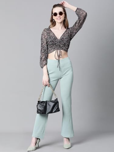Image of oxolloxo Women Floral Print Semi-Sheer Round Neck Tie-Knotted Elasticated Long Crop Sleeve Top