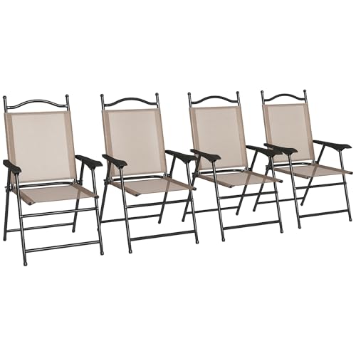Outsunny Folding Patio Chairs, Set of 4 Sports Chairs for Adults, Camping Chairs with Armrests, Breathable Mesh Fabric Seat for Lawn, Brown