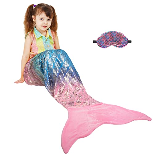 Catalonia Kids Mermaid Tail with Sleep Mask, Super Soft Flannel Sleeping Snuggly Blanket for Girls, Fish Scale Pattern, Birthday Gift for Daughter