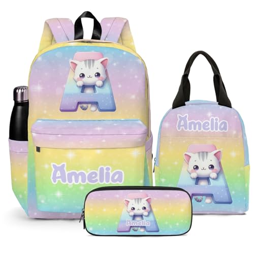 Personalized Backpack for School, Girls Kids Teen Name Bookbag Elementary School Backpack Set with Lunch Box and Pencil Case, Travel Backpack Waterproof Lightweight 16.8”,Letter-themed
